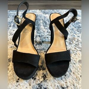 Black suede open toe platform heels